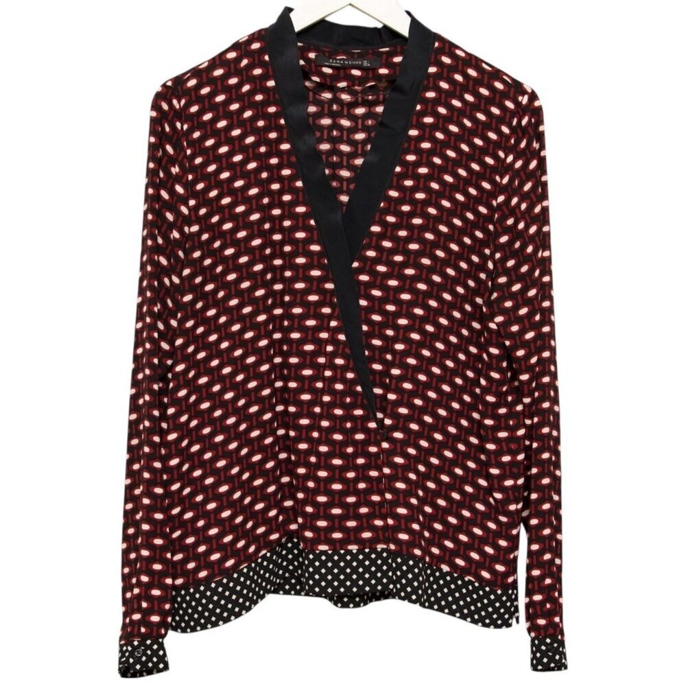 ZARA Blouse Large Black Red Geometric Print Cross Front Womens Top